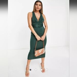 ASOS DESIGN v neck belted midi dress in forest green